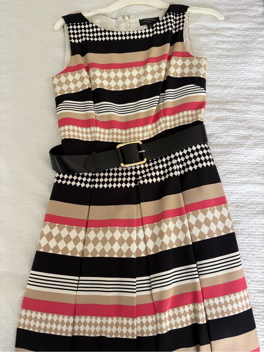 Tahari Stripe & Diamond Pattern Sleeveless Dress in Black, Beige, Cream, Pink